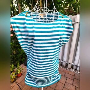 Michael Kors stripped stretch shirt, aqua & white, Sz Medium, EUC